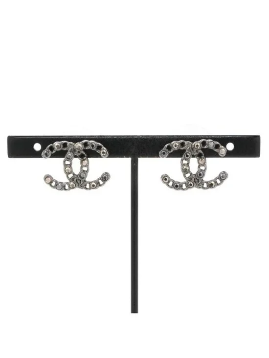 Chanel Earrings Silver Black Coco Mark Rhinestone - Picture 6 of 10